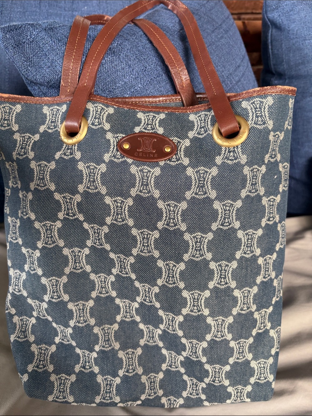 Celine Macadam Logo Blue Denim Canvas Brown Leather Bag
